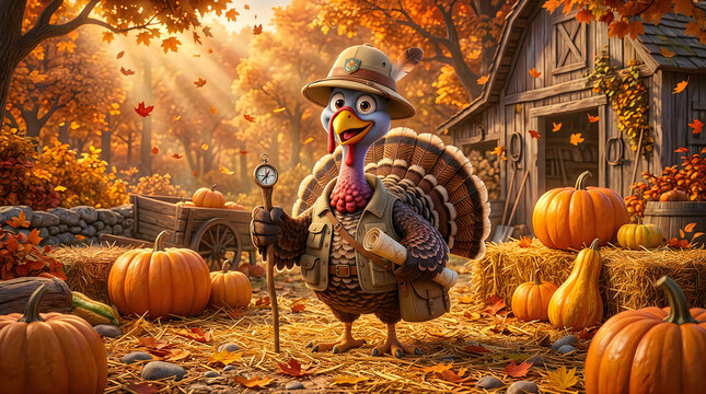 Cute cartoon turkey wearing a hat and holding a walking stick in a sunny autumn farmyard