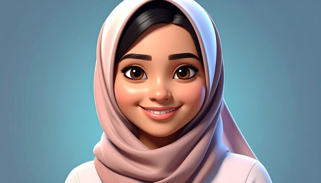 A 3D cartoon illustration of a smiling woman wearing a pink hijab