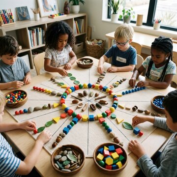 Children engage in collaborative learning with colorful educational toys