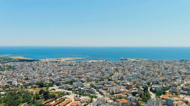 Alexandroupolis, Greece. Panorama of the central part of the city in summer. Coast of the Thracian Sea. Drone footage