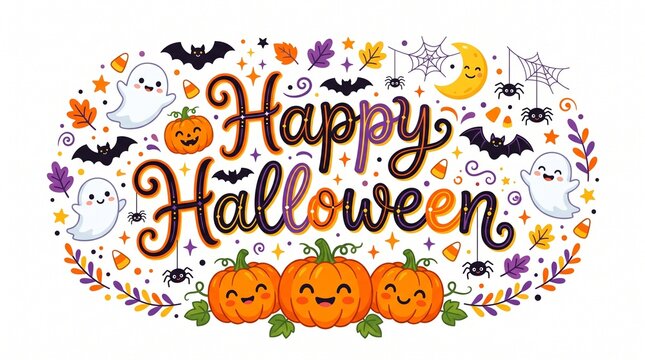 Halloween, Happy Halloween, festive pumpkins, spooky ghosts, bats, and leaves, orange, black, purple