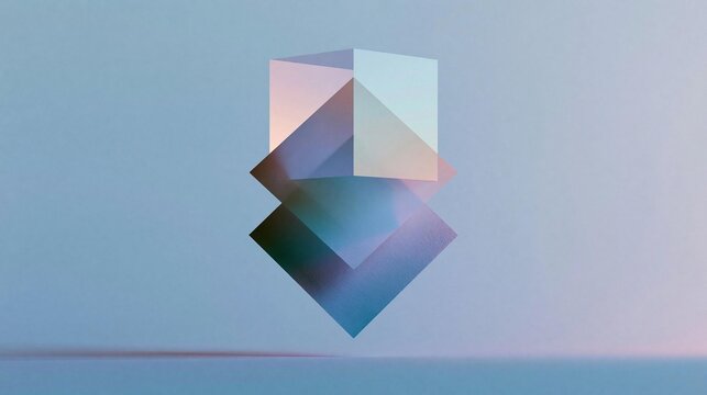 Abstract geometric design with a light blue background. in the center of the image, there is a triangular shape made up of three overlapping triangles in different colors - pink, blue, and purple.