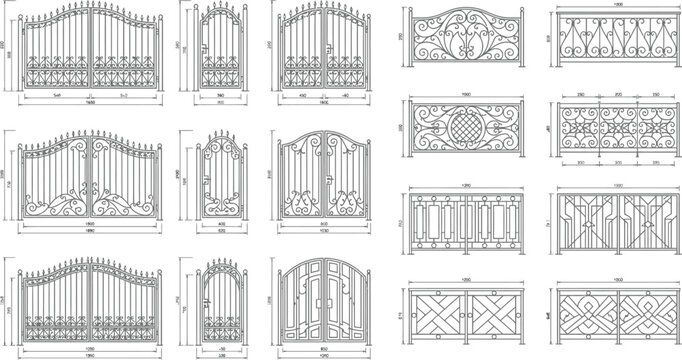 Exquisite Technical Vector Illustration of Ornate Wrought Iron Fences Balustrades and Decorative Metal Lattice Patterns for Classic Architectural Design and Victorian Gate Embellishments