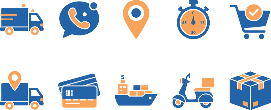 Logistics delivery flat icons set featuring shipping cargo transport services parcel tracking and payment methods.