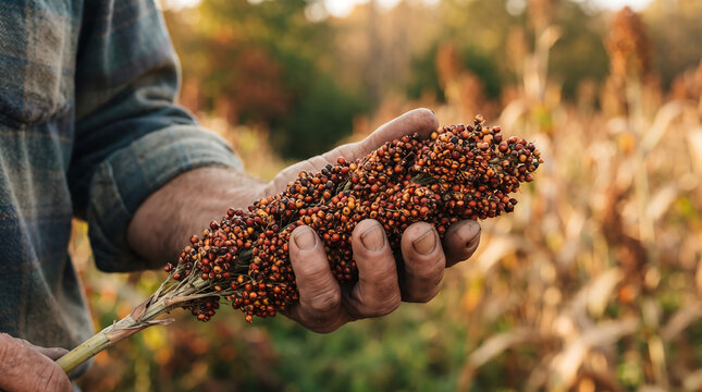 A close up shot of a farmer's hand holding a freshly harvested sorghum crop with an agricultural field in the background on a sunny day.