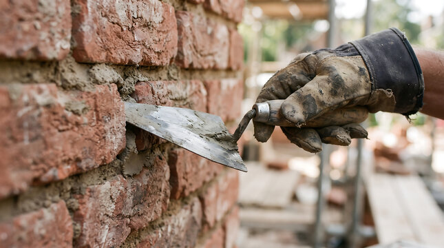 Construction worker using a trowel to apply mortar on red bricks with bricklayer construction building renovation improvement professional concrete industrial