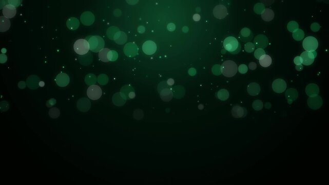 Elegant Green Bokeh Background. An abstract animation of soft floating green light circles on a dark background. Perfect for festive overlays, video intros, or elegant presentation backdrops.