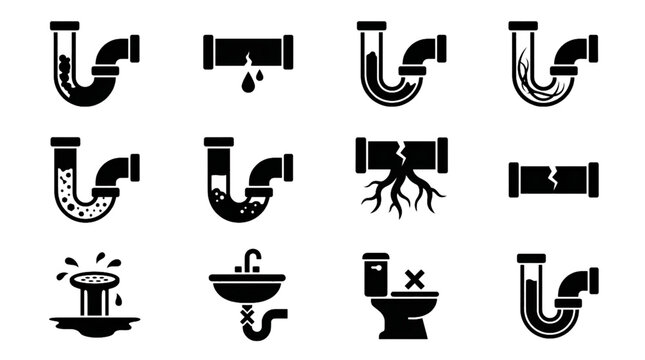 Plumbing Pipe Clog Vector Icons Set with Drainage Blockage Sewer Grease Hair Leak Sediment and Pipe Repair Symbols Isolated on White Background