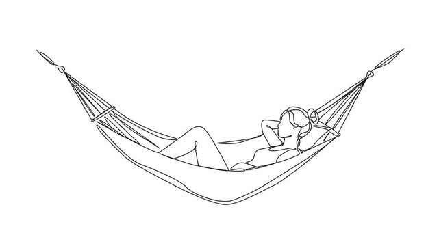 animated continuous line drawing of a young woman relaxing and lying in a hammock, minimalist self-care and summer vacation concept, line art animation