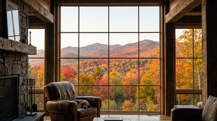 Obraz premium Rustic living area with oversized grid window facing colorful fall hills, leather chair with resting dog and stone fireplace for quiet mountain cabin escape