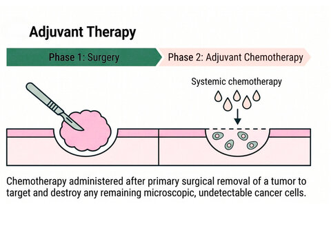 Adjuvant therapy diagram illustrates the two distinct phases of surgical tumor removal followed by systemic chemotherapy to eliminate any remaining microscopic and undetectable cancer cells in.
