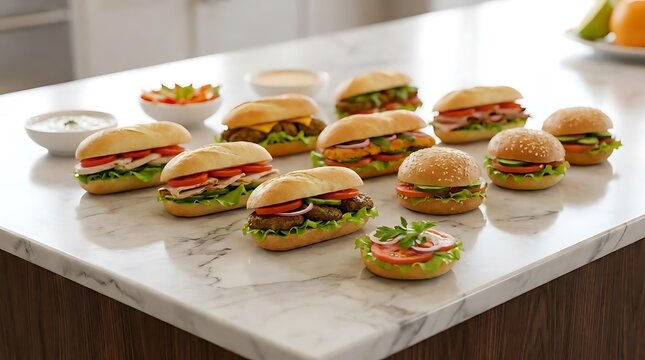 A variety of sandwich appetizer ideas displayed on a marble kitchen island featuring an assortment of mini gourmet subs and sliders for party catering