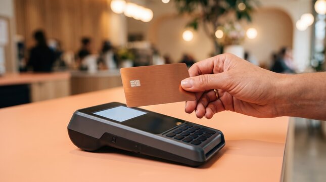 Hand presenting credit card over card reader at cafe counter with blurred busy interior background, contactless payment and casual commerce scene