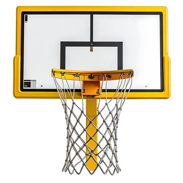 A vibrant yellow basketball hoop with a white backboard and net is isolated against a black background.