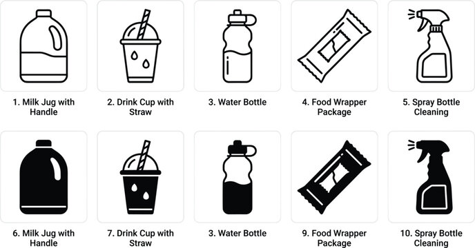 Set of black and white liquid icons showing milk jug drink cup water bottle food wrapper and spray bottle.