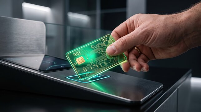 Adult hand tapping transparent credit card with visible chip on modern payment terminal in closeup demonstrating contactless digital transaction and secure fintech concept