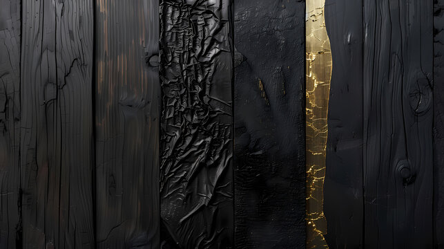 Sophisticated Japanese Charred Wood Planks with Minimalist Metallic Gold Inlay Line