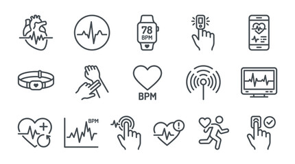 Fototapeta premium Heart Health Icons: ECG, Pulse, Smartwatch, Fitness Tracker, Medical Technology