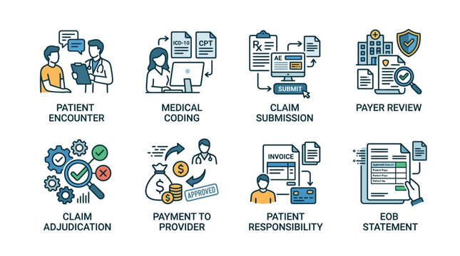 Healthcare Workflow Icons: Patient Encounter, Coding, Claims, Payment, EOB