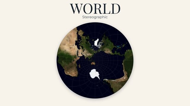 Stereographic World Map. Animated seamless loop. White graticule over physical topography. Continuous eastward rotation. Atlas-style projection. Seamless loop. 4K resolution.