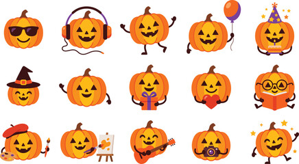Naklejka premium Cute Halloween Pumpkin Mascot Vector Bundle with 15 Fun Cartoon Flat Color Character Icons Collection Isolated on White Background for Holiday Design
