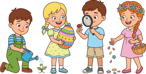 Cartoon Set of Happy Children Engaging in Various Outdoor Springtime and Easter Holiday Activities