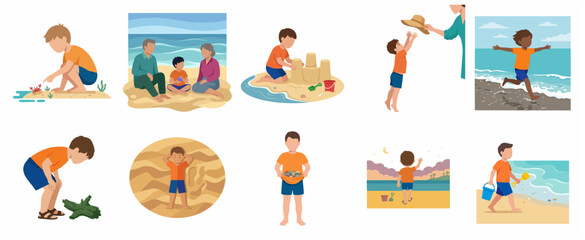 Fototapeta premium Set of Illustrations of a Young Boy Enjoying Summer Beach Activities with Family and Playing in the Sand