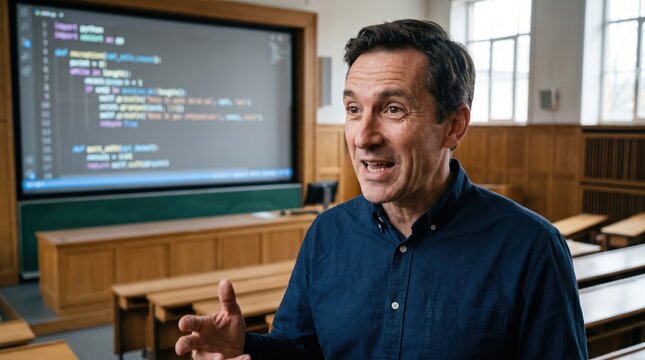 Male lecturer presenting programming code in university lecture hall, gesturing while teaching computer science class with wooden benches and projector screen