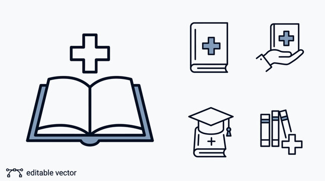 Medical Education Icons: Open Book, Graduation Cap, Books Stack, Hand with Book