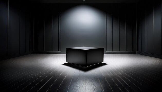 a sleek black box stands alone in the center of a dimly lit room soft light highlights its edges creating a striking contrast with surrounding shadows