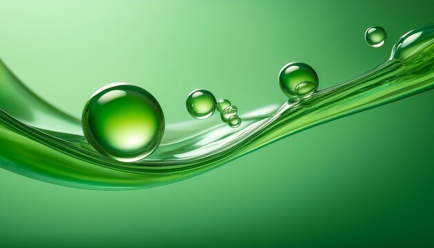green oil bubble with photorealistic details and a glossy finish on background soft gradient of light green tones