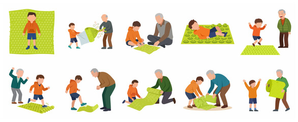 Fototapeta premium Grandfather and grandson playing and exercising with a green sensory massage mat, vector illustration set