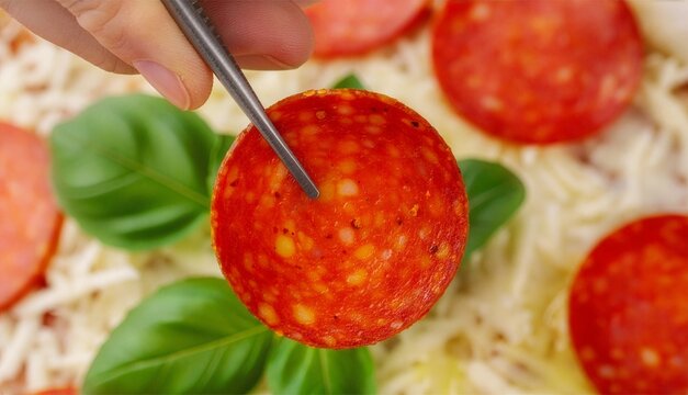 Top-down macro shot of a chef using tweezers to carefully place a fresh pepperoni slice onto a raw pizza with cheese and basil, shallow depth of field, professional food photography.