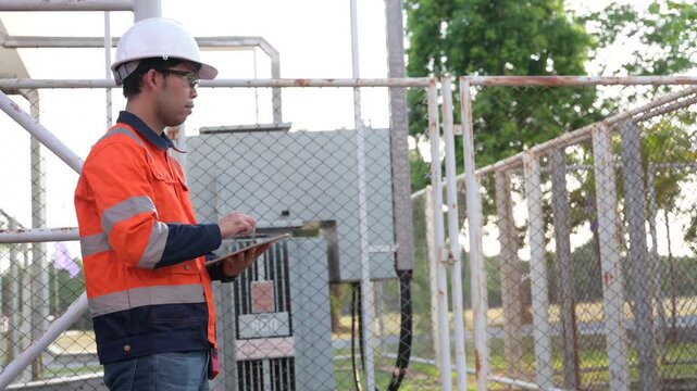 Professional male electrical engineer uses a digital tablet while safely inspecting a high-voltage power transformer outside a modern commercial energy facility managing grid infrastructure.