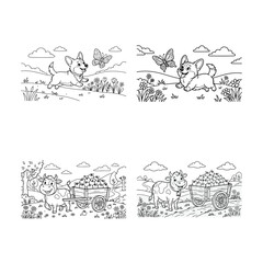 Fototapeta premium Farm animals and puppies coloring pages.