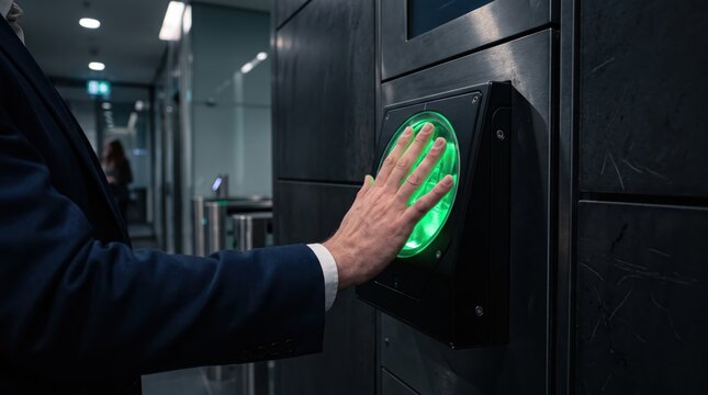 Businessman placing hand on green biometric access scanner at office entrance security reader in modern corporate lobby, professional action