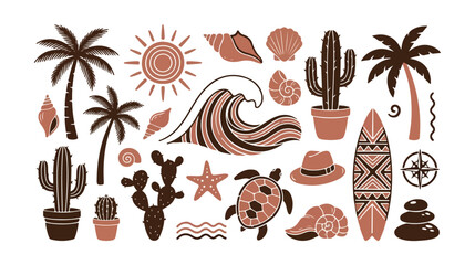 Tropical summer vacation vector icon set, desert oasis and beach holiday travel elements, exotic island adventure graphics, surf and sand themed collection for web design and marketing. © noor