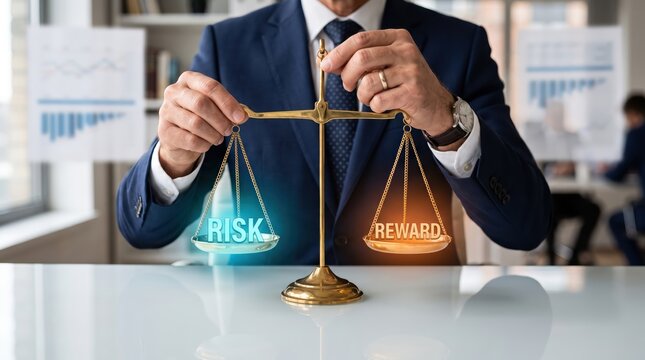 Businessman in suit holding balance scales with glowing risk and reward labels on each side at office desk illustrating decision making, investment trade off and strategic finance choice
