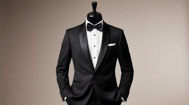 Tailored black tuxedo suit on mannequin with bowtie and white pocket square.