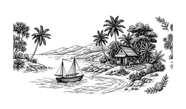 Tropical Island Toile de Jouy Engraving with House and Sailing Boat Vector Illustration