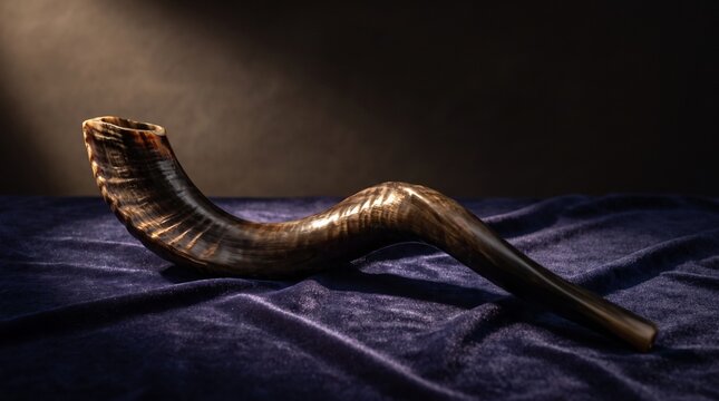 Traditional Jewish shofar horn resting on velvet cloth. Ancient ram's horn ritual instrument for Rosh Hashanah and Yom Kippur ceremonies.