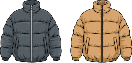Modern insulated puffer jackets in classic gray and warm beige for stylish cold weather protection © MSTROKSHANA