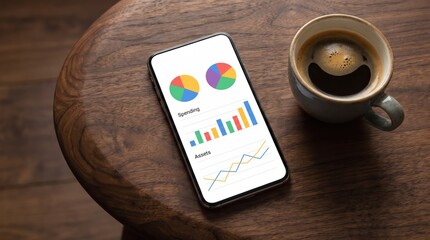 Smartphone on wooden table displaying colorful financial charts and graphs next to coffee cup, mobile finance app and casual workspace setup for analytics
