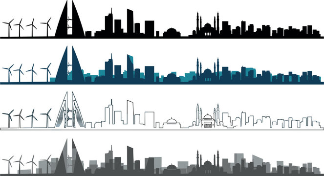 Set of Bahrain City Skyline Silhouettes Featuring Iconic Buildings and Wind Turbines in Multiple Styles for Urban and Travel Design Projects