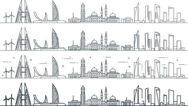 Set of Bahrain City Skyline Outline Icons Featuring Iconic Buildings, Skyscrapers, and Wind Turbines in Multiple Line Art Styles for Urban and Travel Design Projects