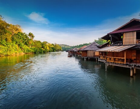 tropical beach houses on the river kwai in thailand wooden floating raft house in river kwai kanchanaburi thailand