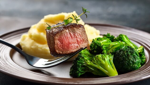 filet mignon with a piece pierced on a fork served with mashed potatoes and broccoli rabe