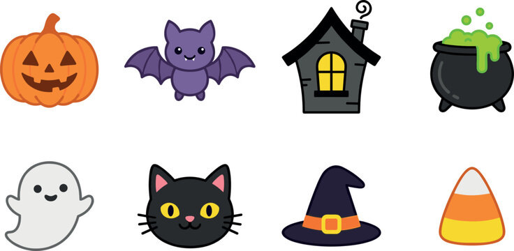 Cute Halloween icon collection featuring pumpkin, bat, haunted house, witch cauldron, ghost, black cat, witch hat, and candy corn vector illustration