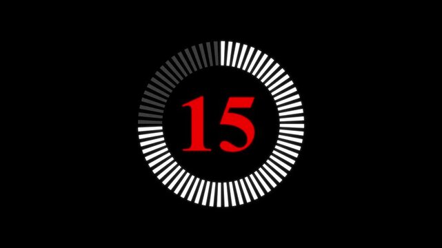 Countdown timer animation from 20 to 0 seconds with stopwatch frame. Round circle 20 seconds countdown on transparent background.