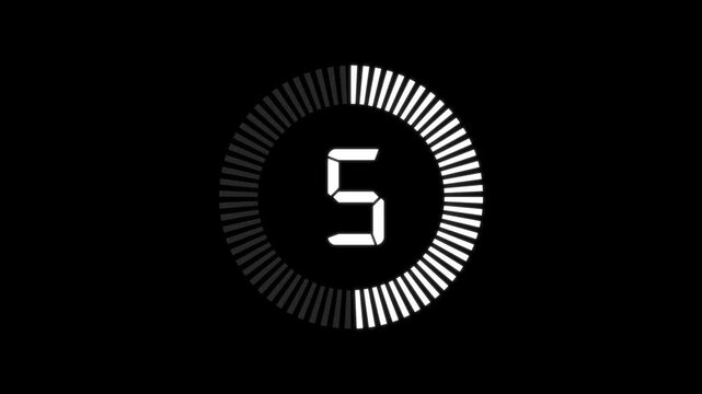 Countdown timer animation from 10 to 0 seconds with stopwatch frame. Round circle 10 seconds countdown on transparent background.